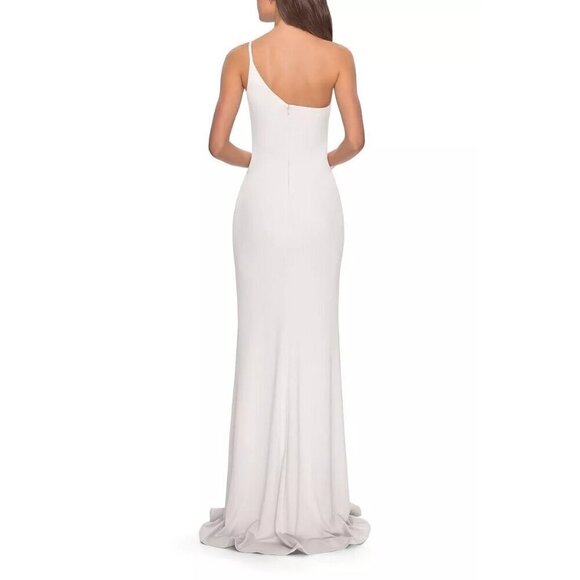 La Femme One-Shoulder Jersey White Long Gown Sultry‎ Thigh High Slit Women's  4 - Picture 2 of 13
